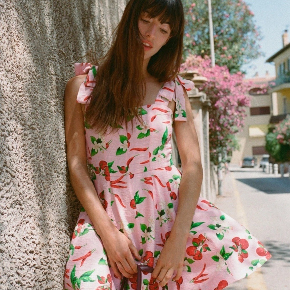 ZARA Cherry Print Tie Shoulder Mini Dress Womens Medium Pink Coquette Dainty Y2K - Picture 4 of 15